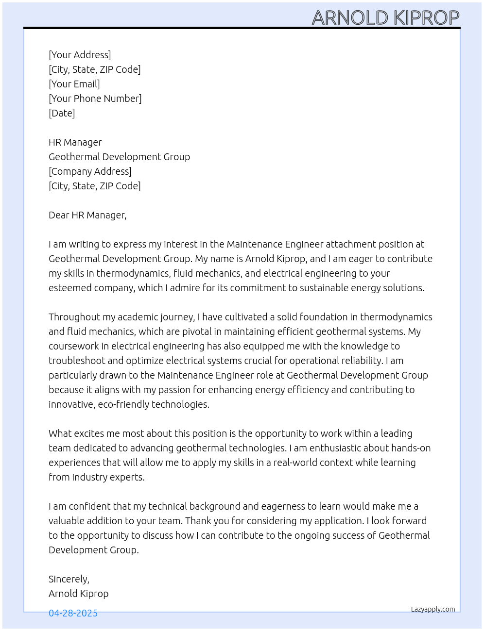 Maintanance engineer At Geothermal development group  Cover Letter