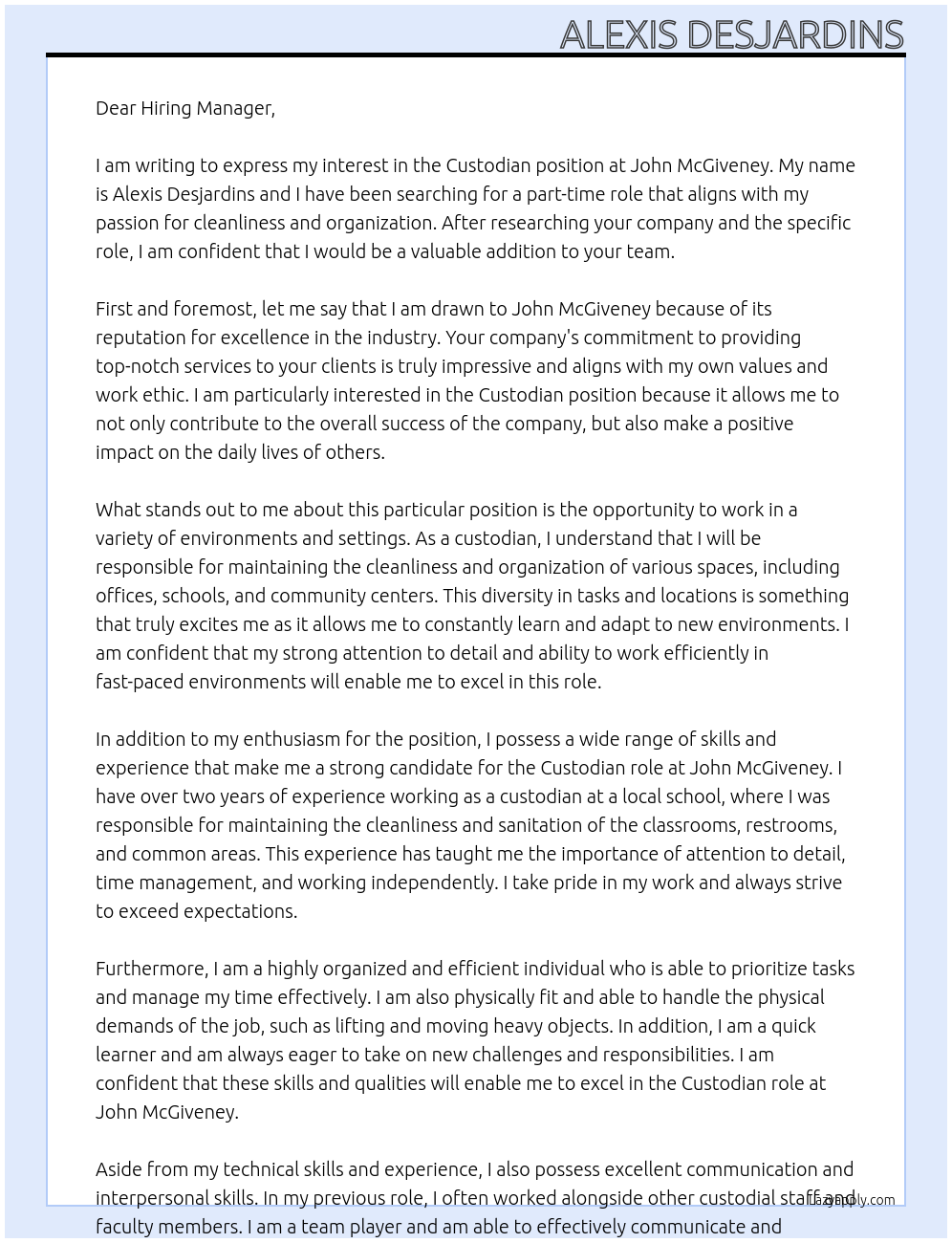 Custodian At John McGiveney Cover Letter