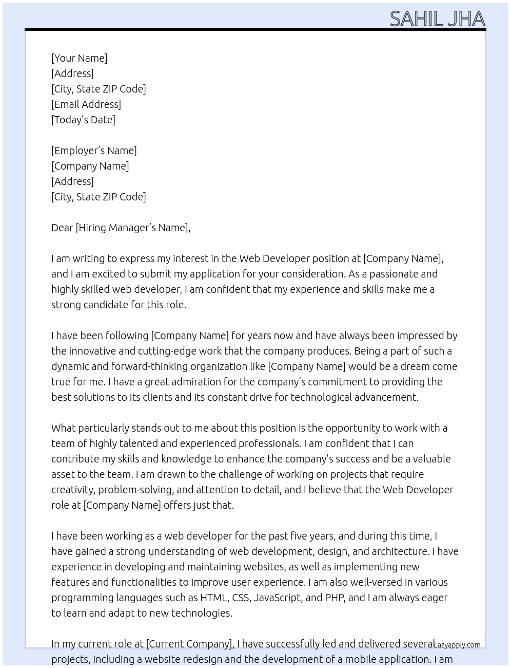 web developer At google, amazon, microsoft Cover Letter