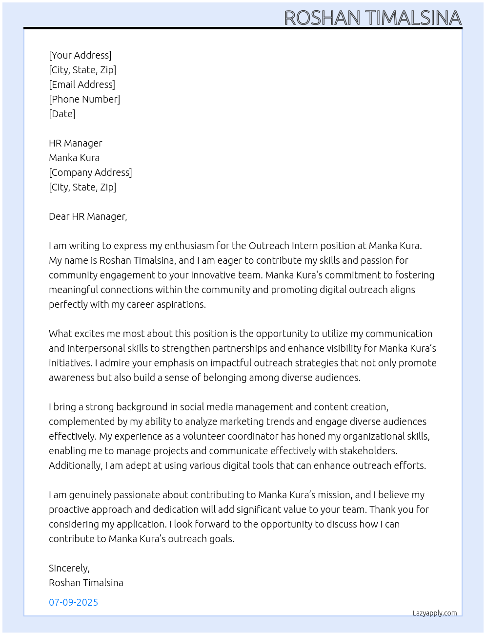 Cover letter for outreach intern - QqtBIXsYD4F82p69YiUm 