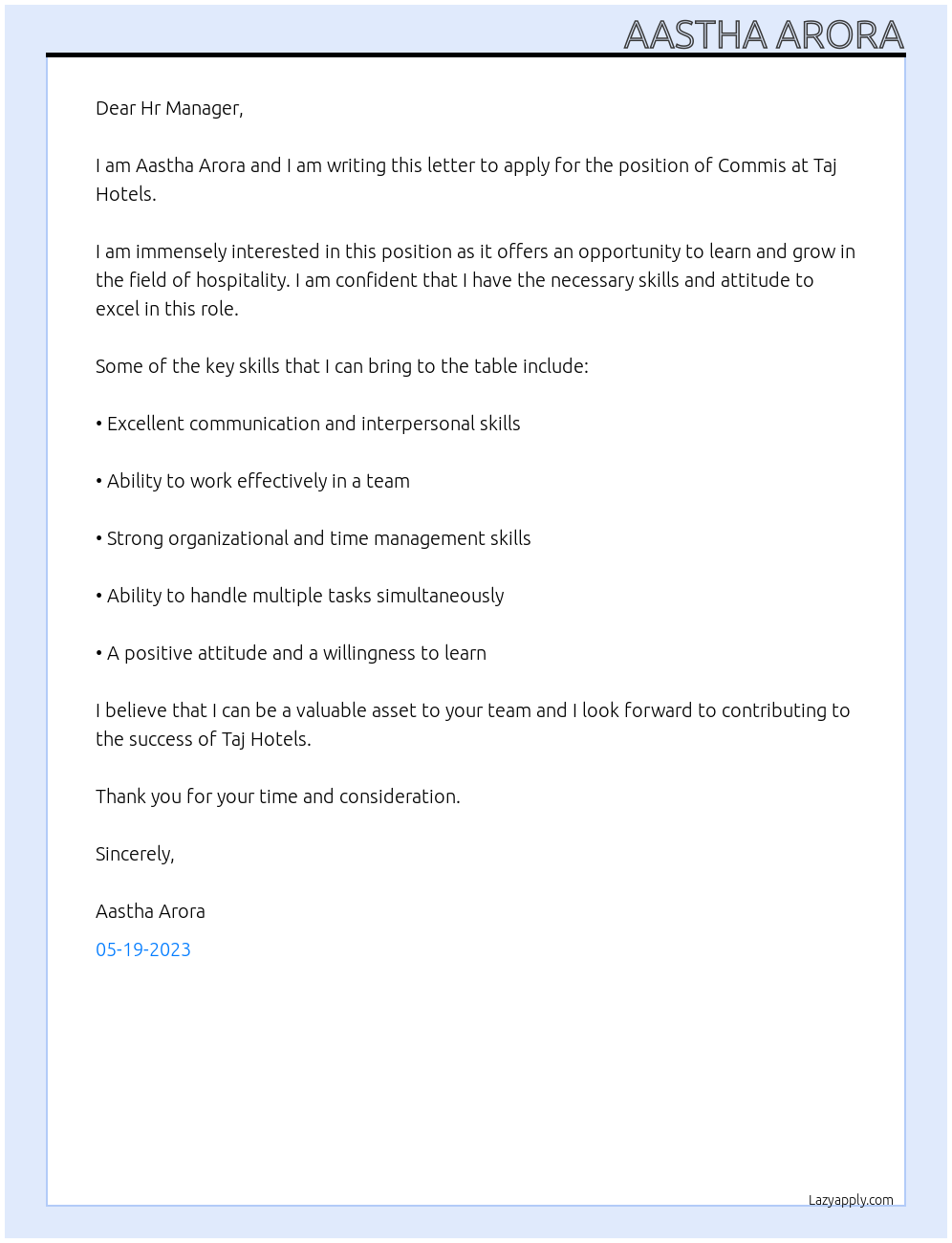 Commis At Taj hotels Cover Letter