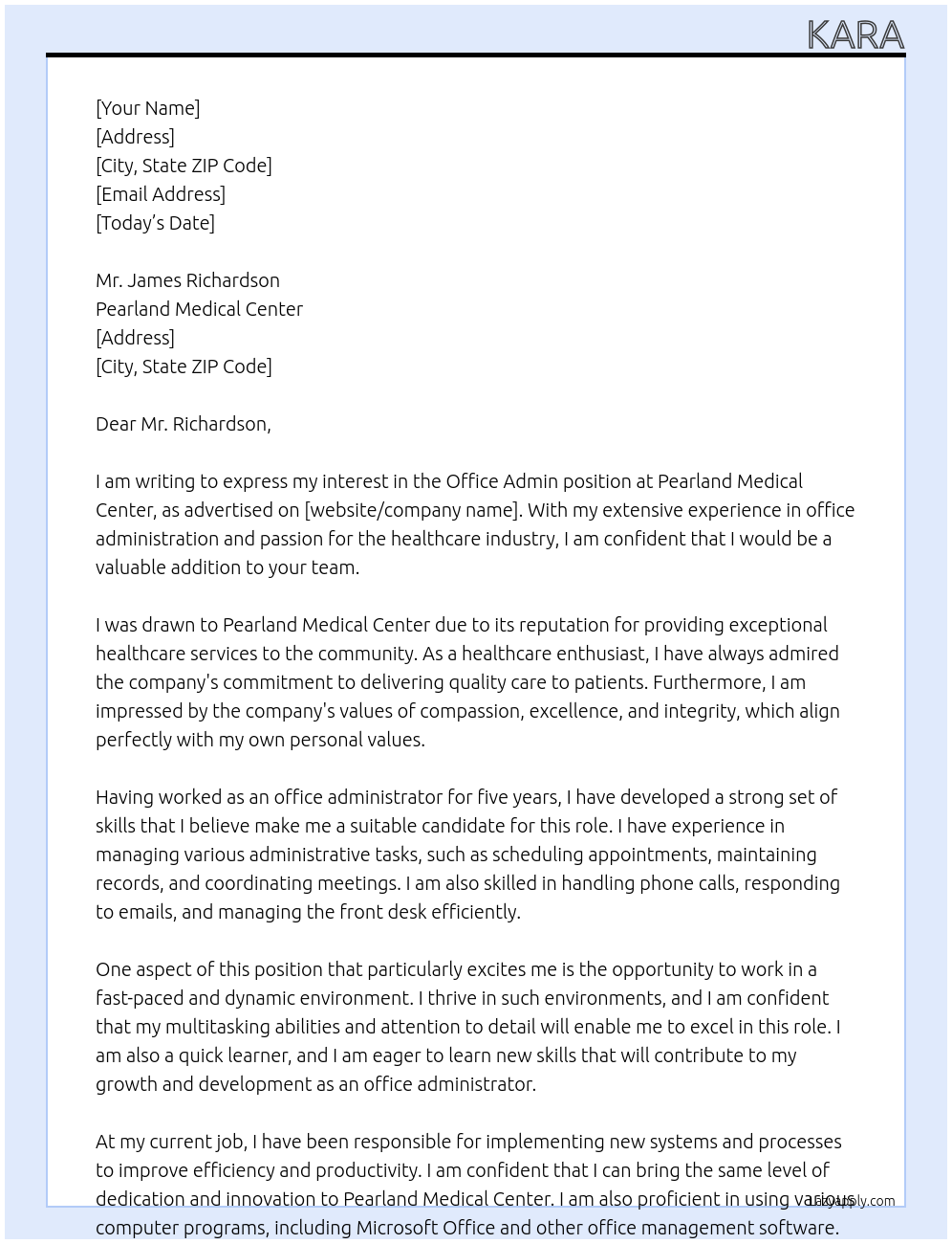 office admin At pearland Medical Center Cover Letter