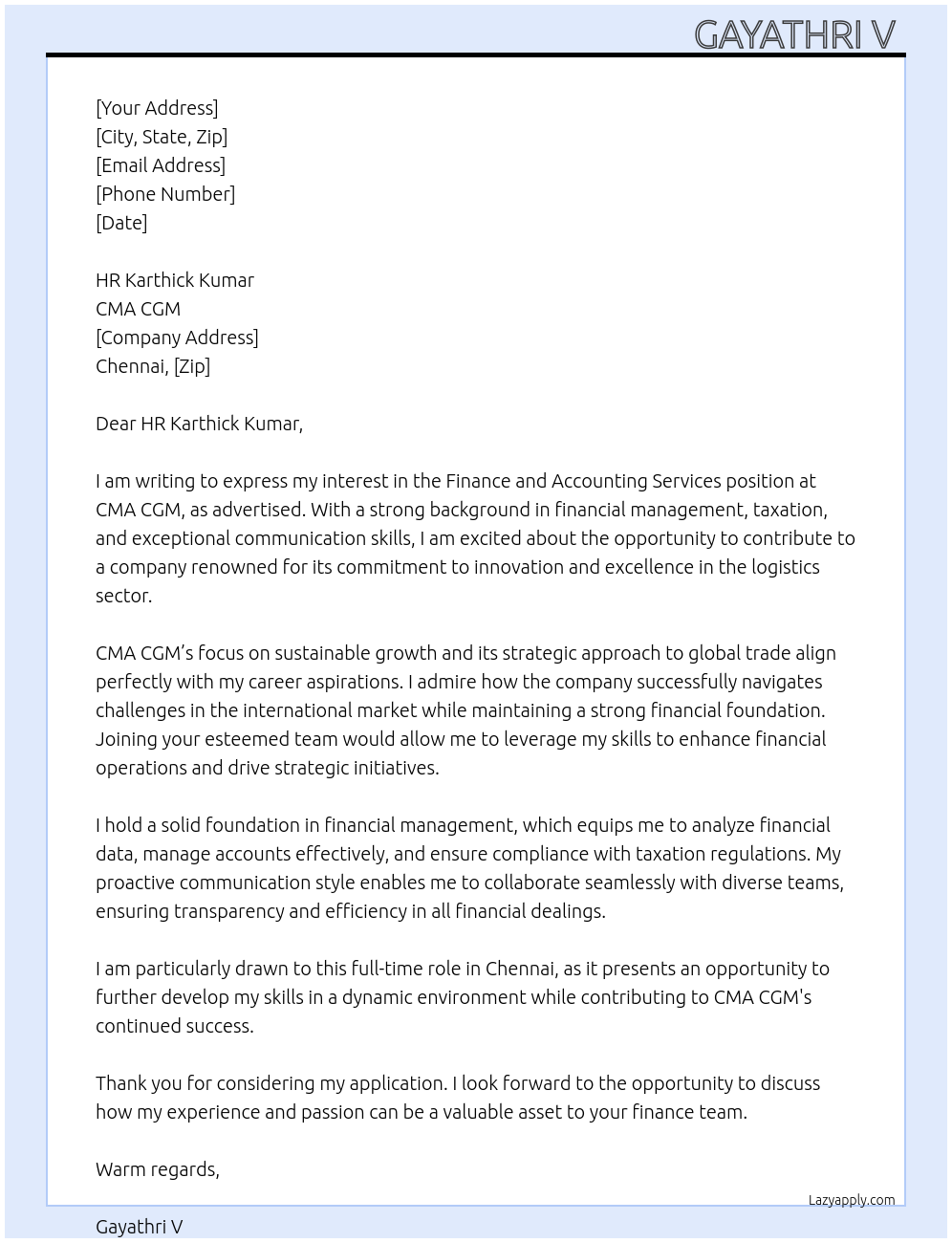 FINANCE AND ACCOUNTING SERVICES At CMA CGM Cover Letter