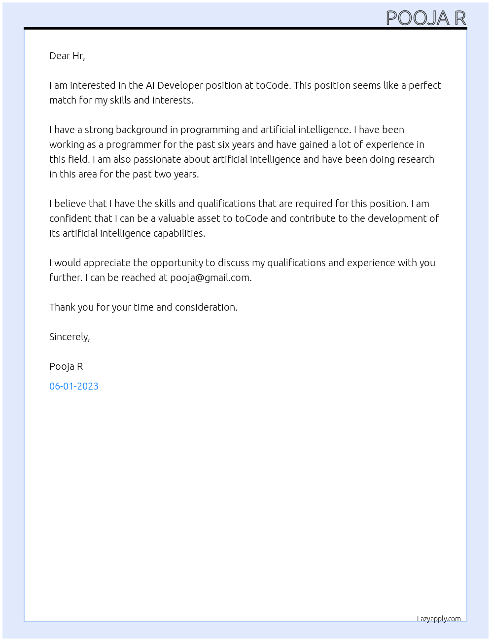 AI Developer At toCode Cover Letter