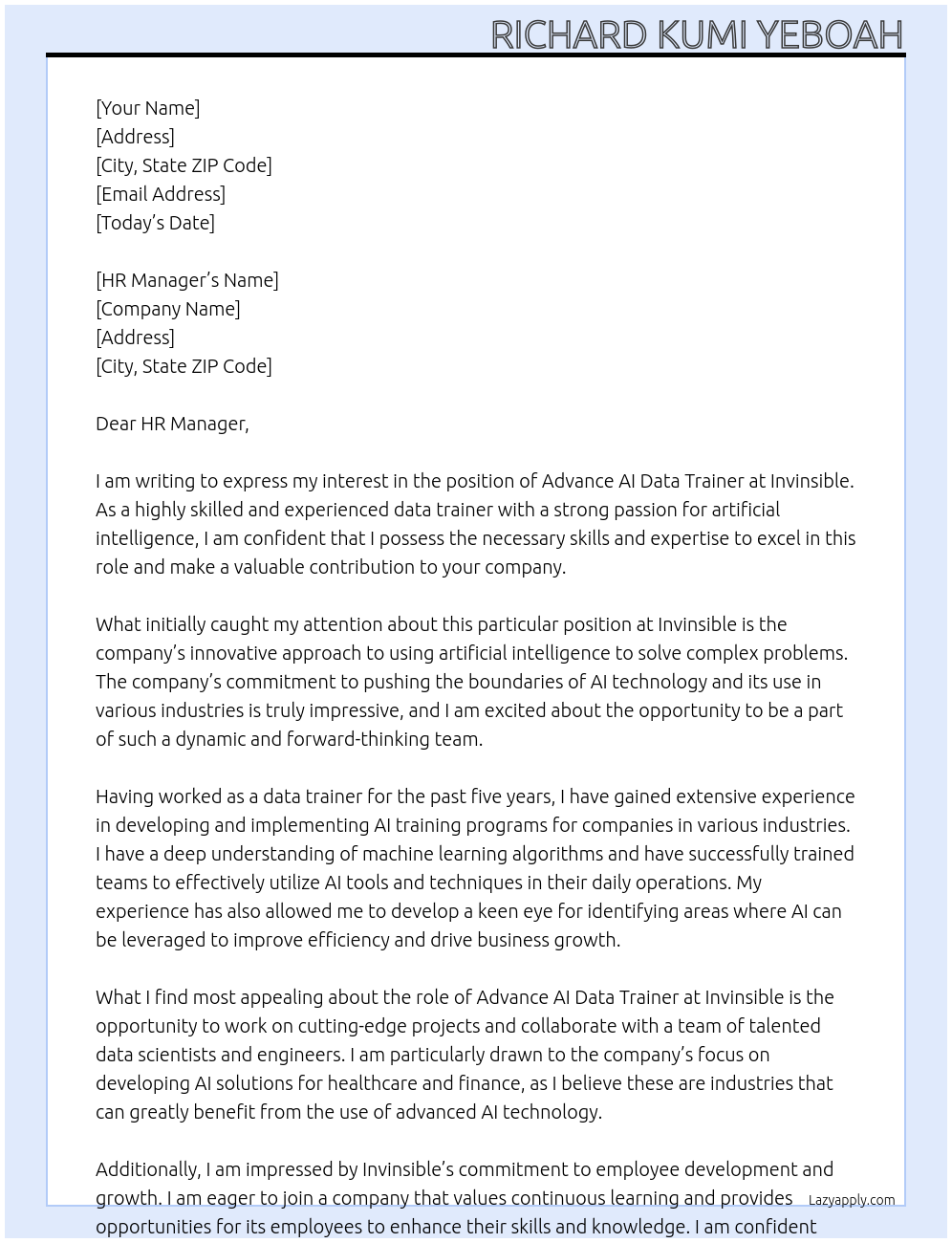 Advance AI data trainer At Invinsible Cover Letter