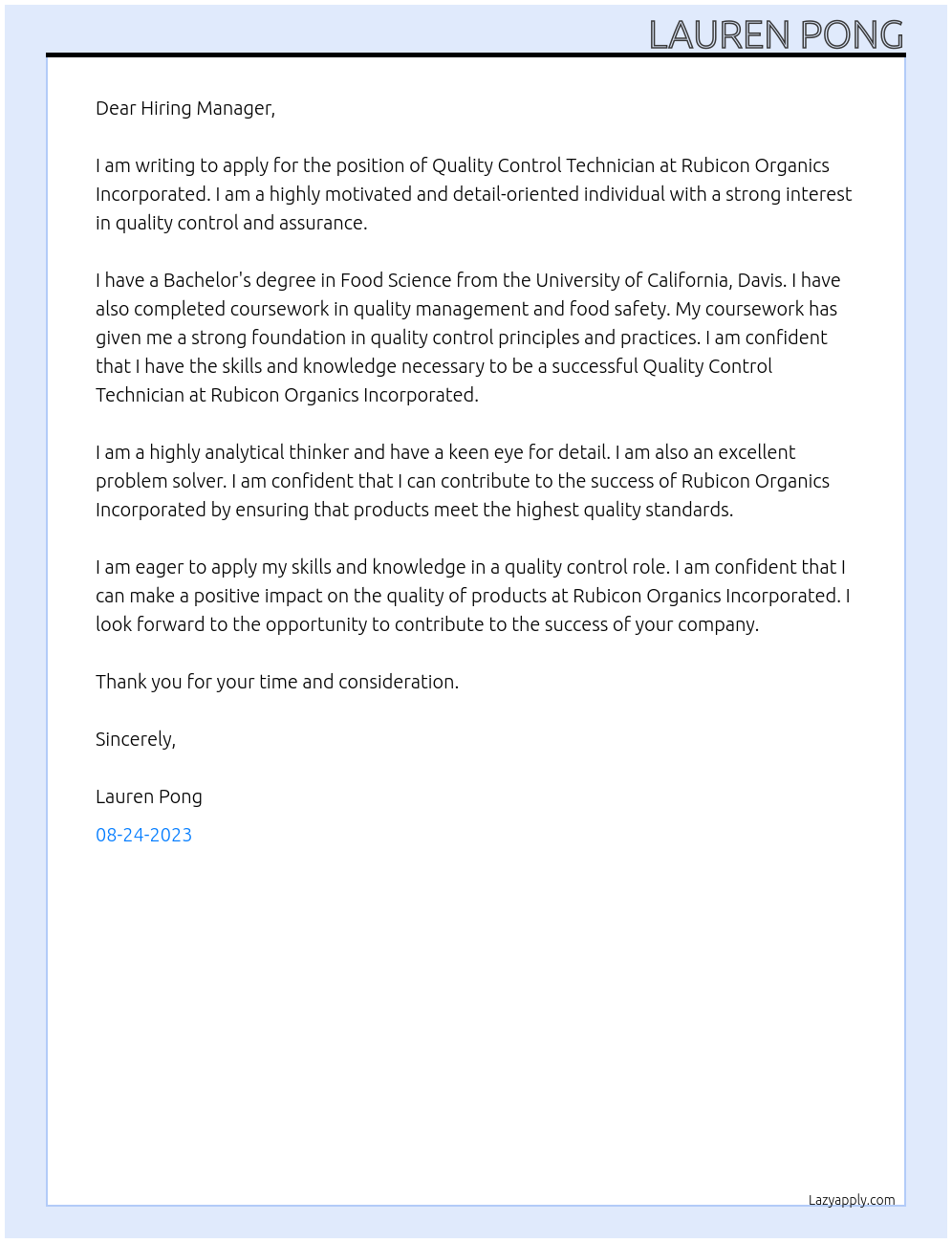 Quality Control Technician At RUBICON ORGANICS INCORPORATED Cover Letter