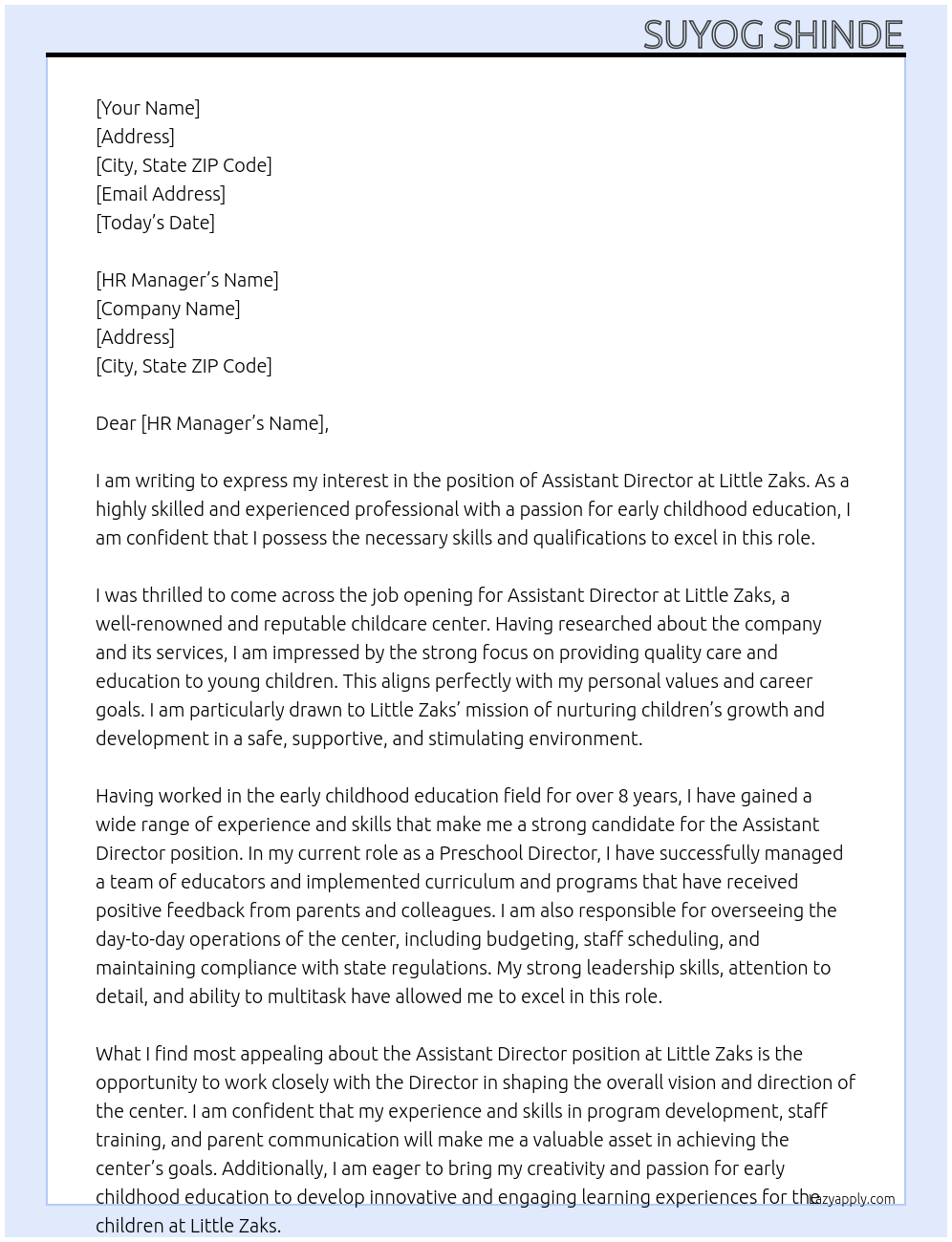 Assistant Director At Little Zaks Cover Letter