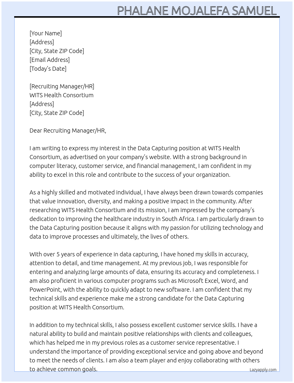 Data capturing  At WITS Health Consortium  Cover Letter
