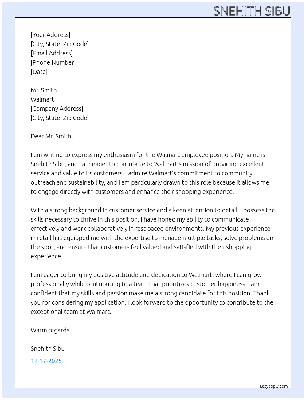 Walmart employee At Walmart Cover Letter