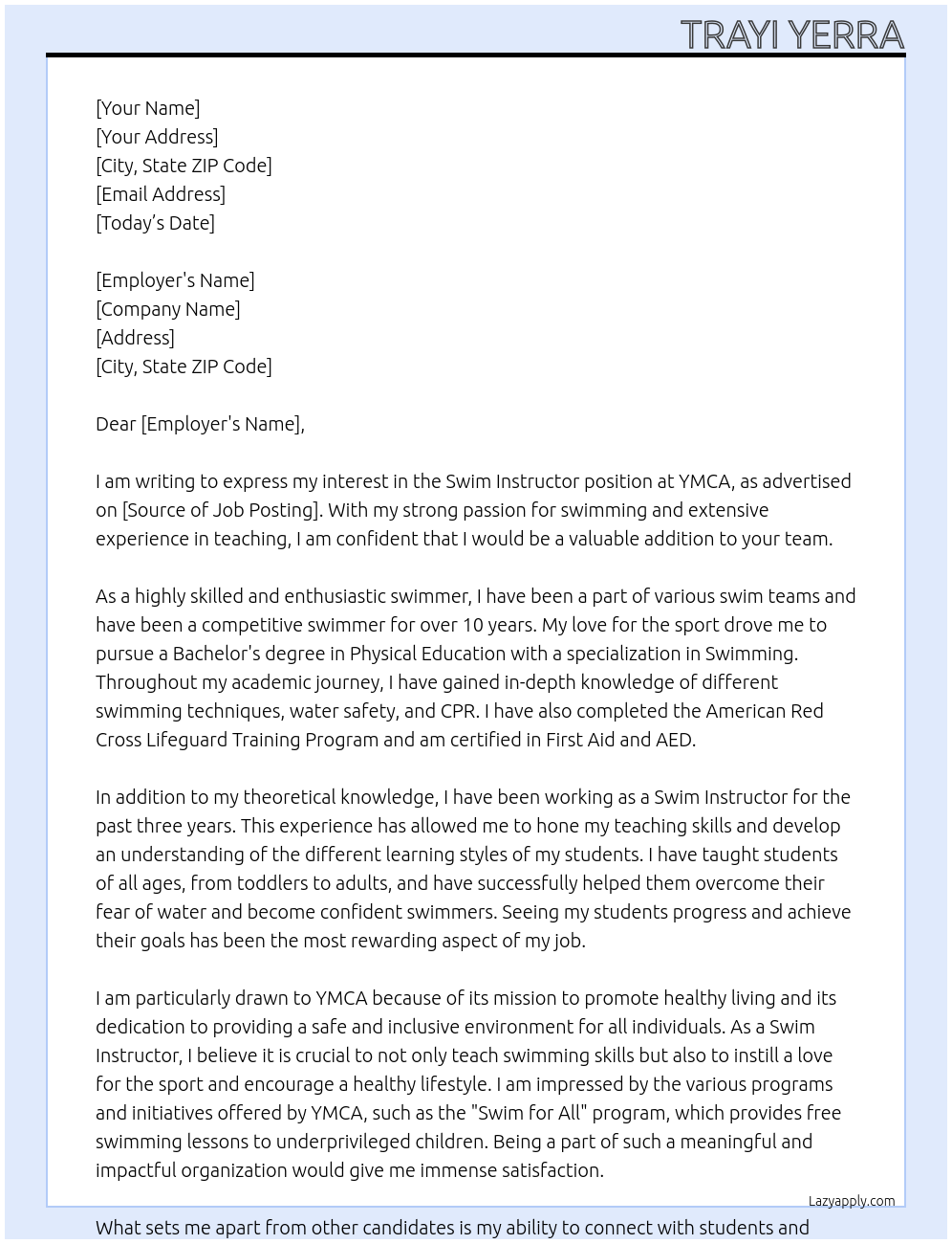 Swim Instructor At YMCA Cover Letter