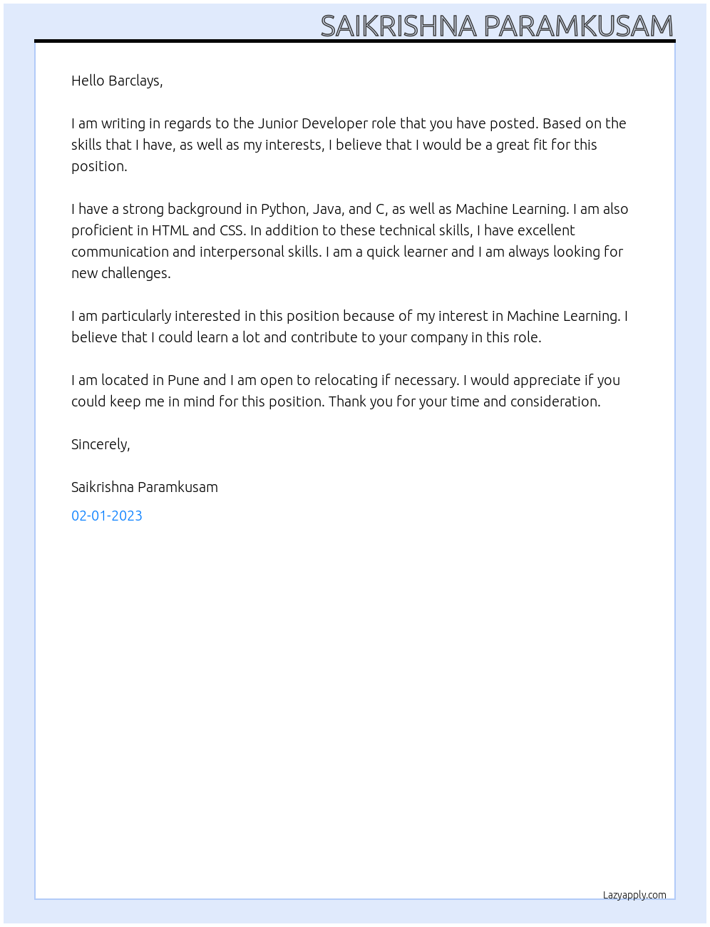 Cover letter for junior developer - LazyApply