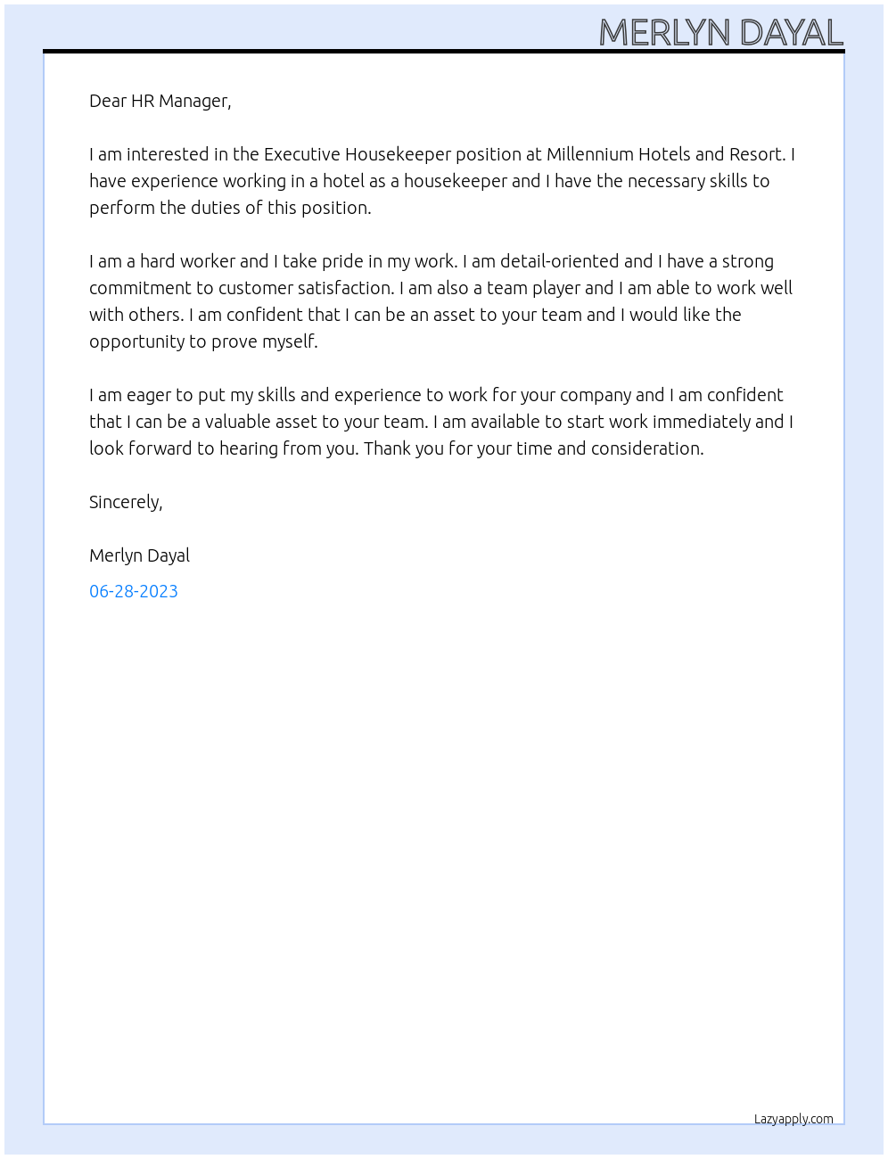Executive Housekeeper At Millennium Hotels and Resort Cover Letter