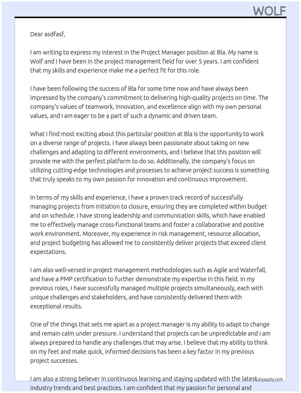 Project Manager At Bla Cover Letter