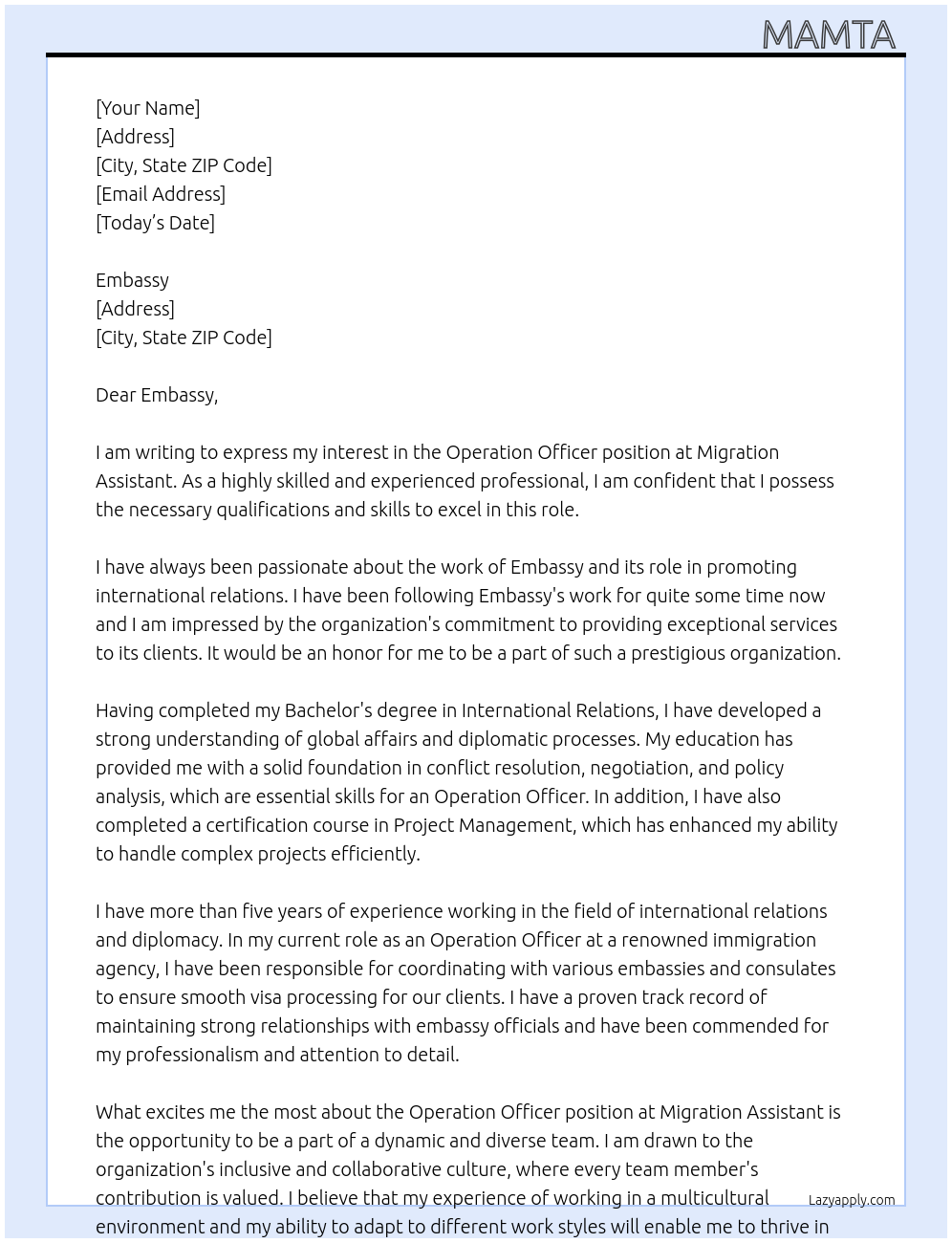 Operation officer  At Migration assistant Cover Letter