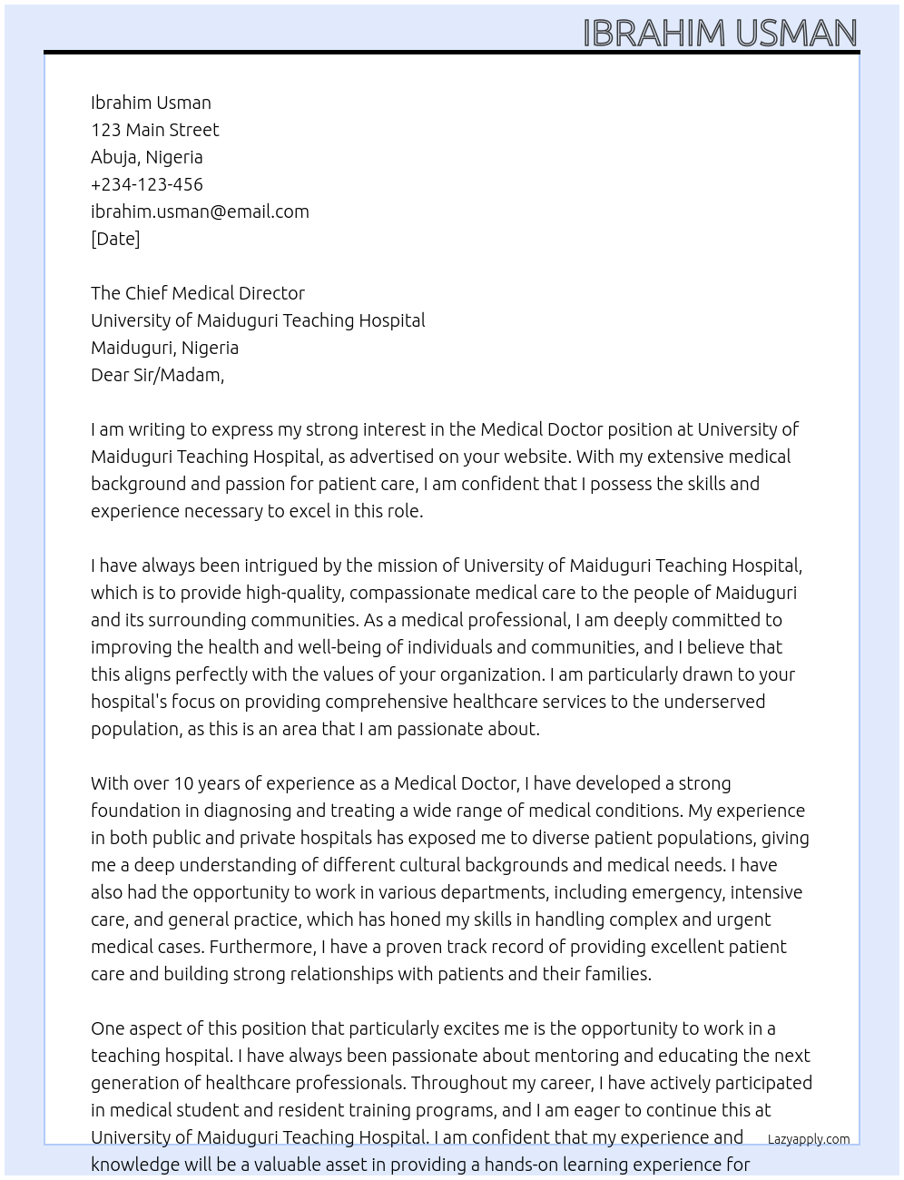 Medical doctor At University of Maiduguri Teaching hospital Cover Letter