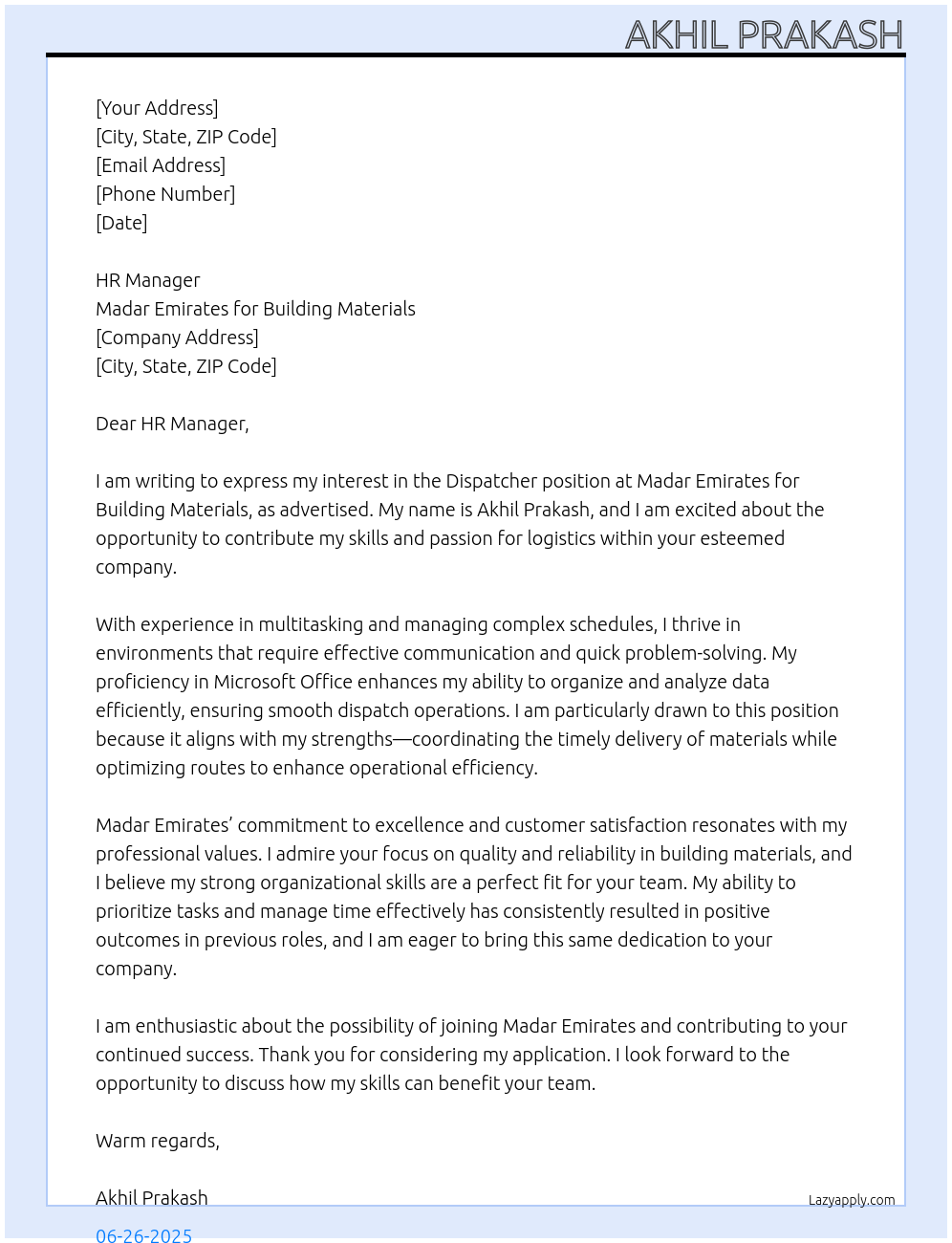 Dispatcher At Madar Emirates for Building Materials Cover Letter