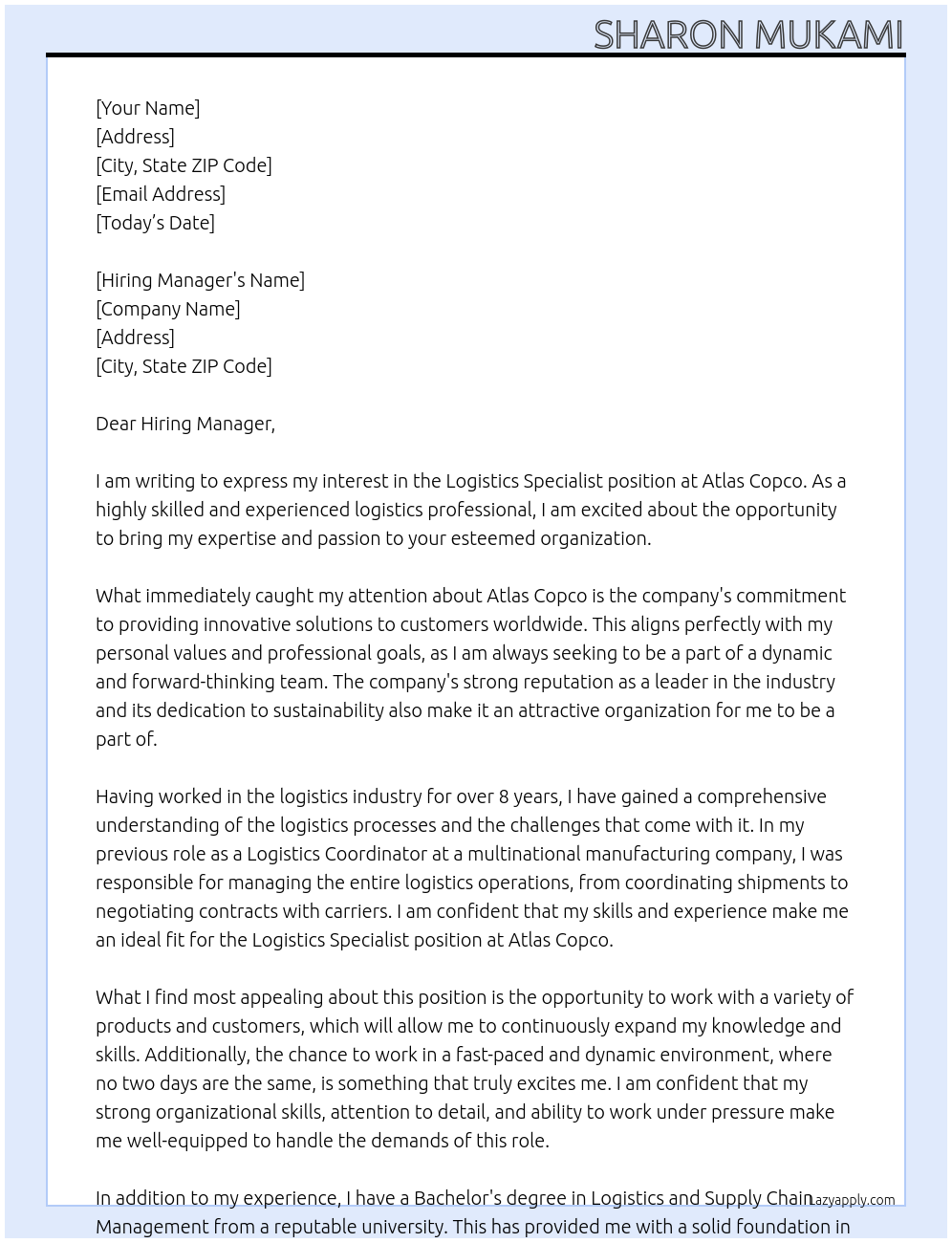 Logistics Specialist At Atlas copco Cover Letter