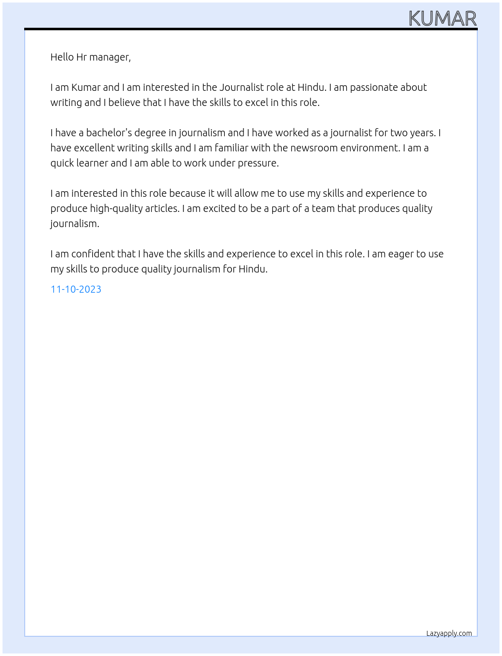 Journalist At Hindu Cover Letter