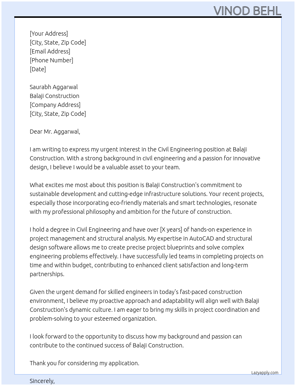 Civil Engineering At Balaji Construction Cover Letter