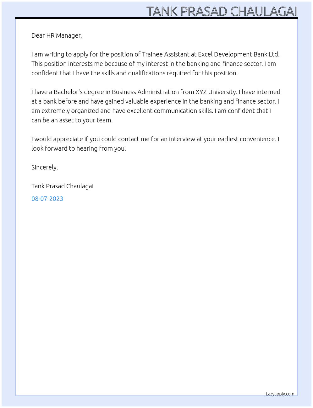 Trainee Assistant At Excel Development Bank Ltd. Cover Letter