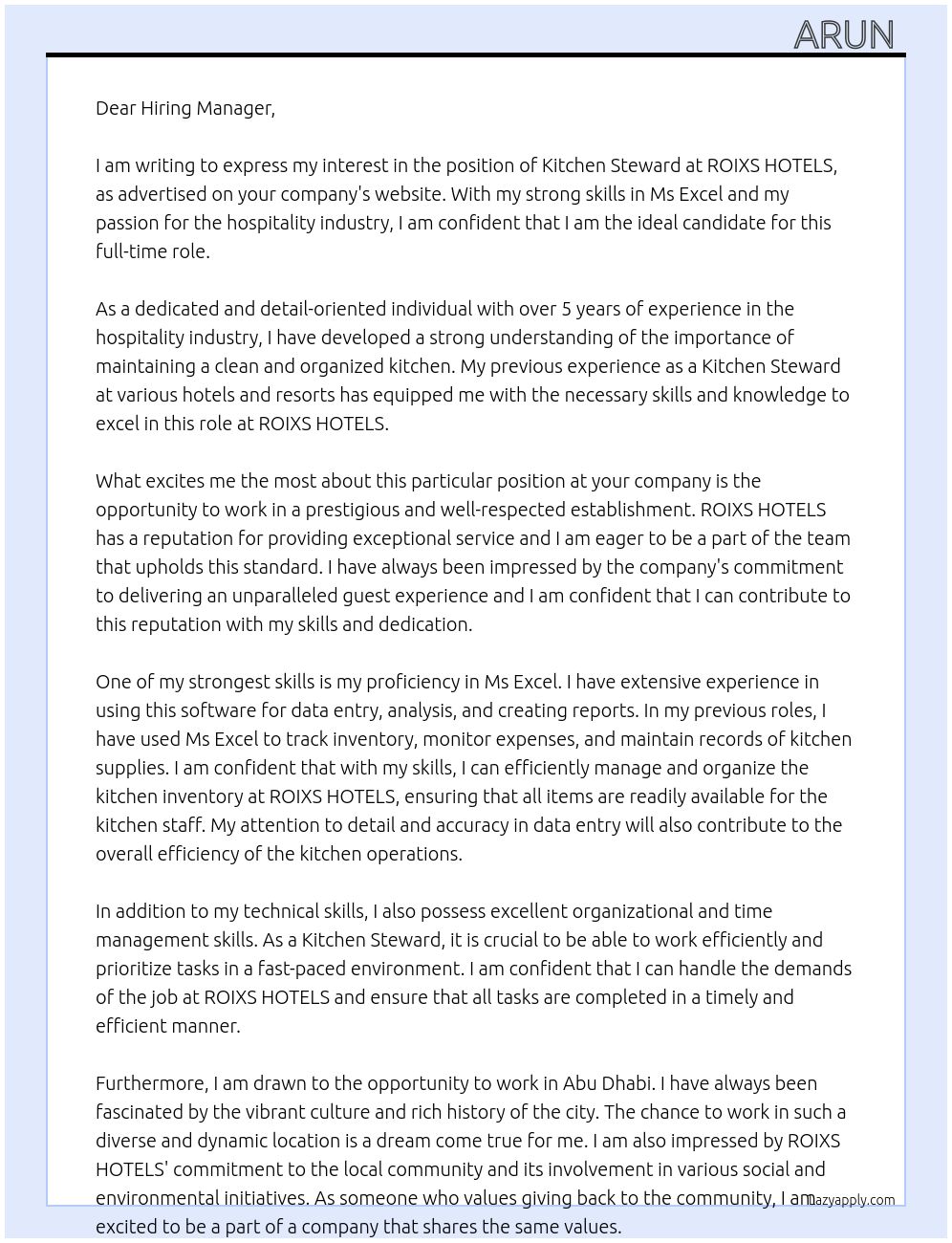 Kitchen steward At ROIXS HOTELS Cover Letter