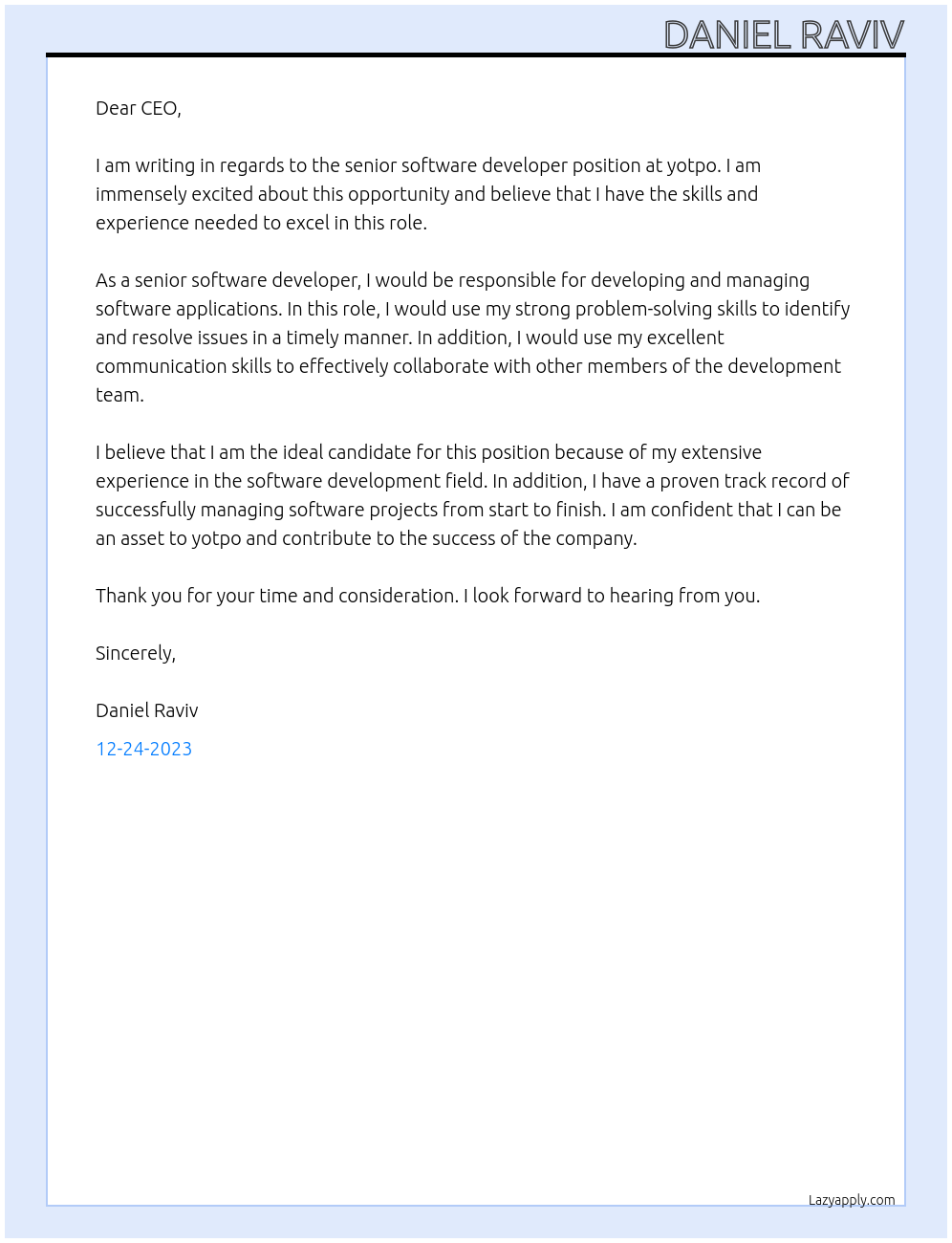 senior software developer At yotpo Cover Letter