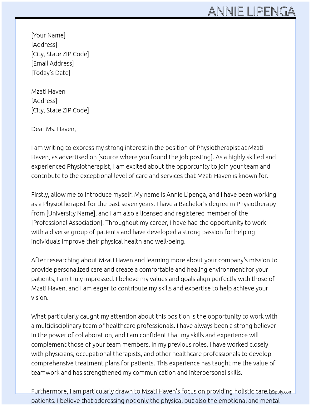 Physiotherapist At Mzati Haven Cover Letter