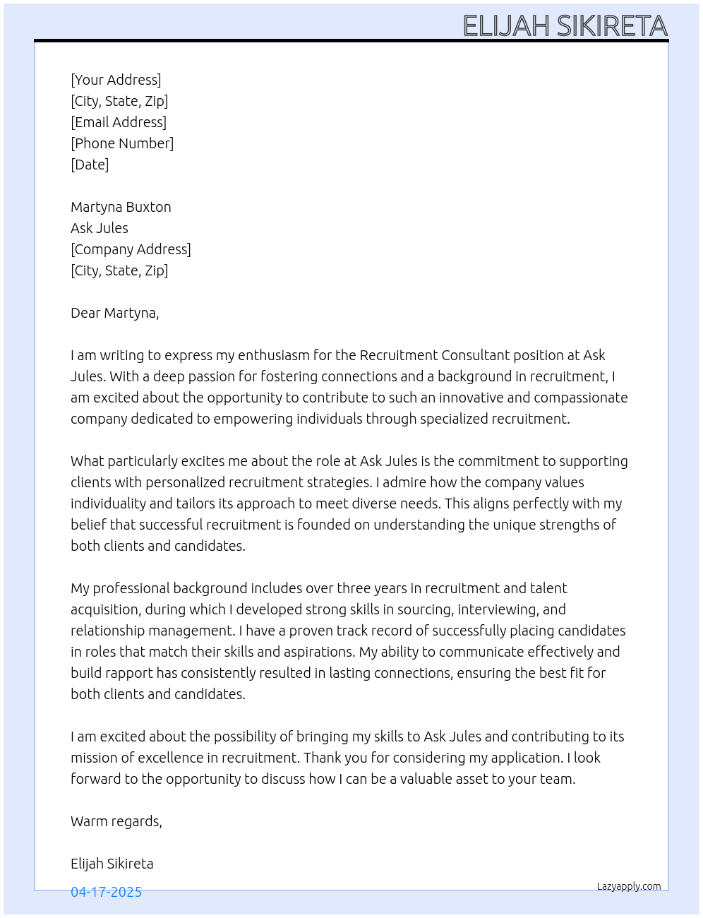 Recruitment Consultant At Ask Jules Cover Letter