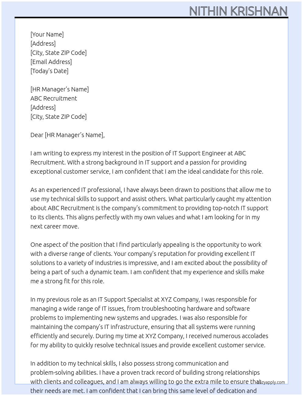 IT Support Engineer At ABC Recruitment Cover Letter