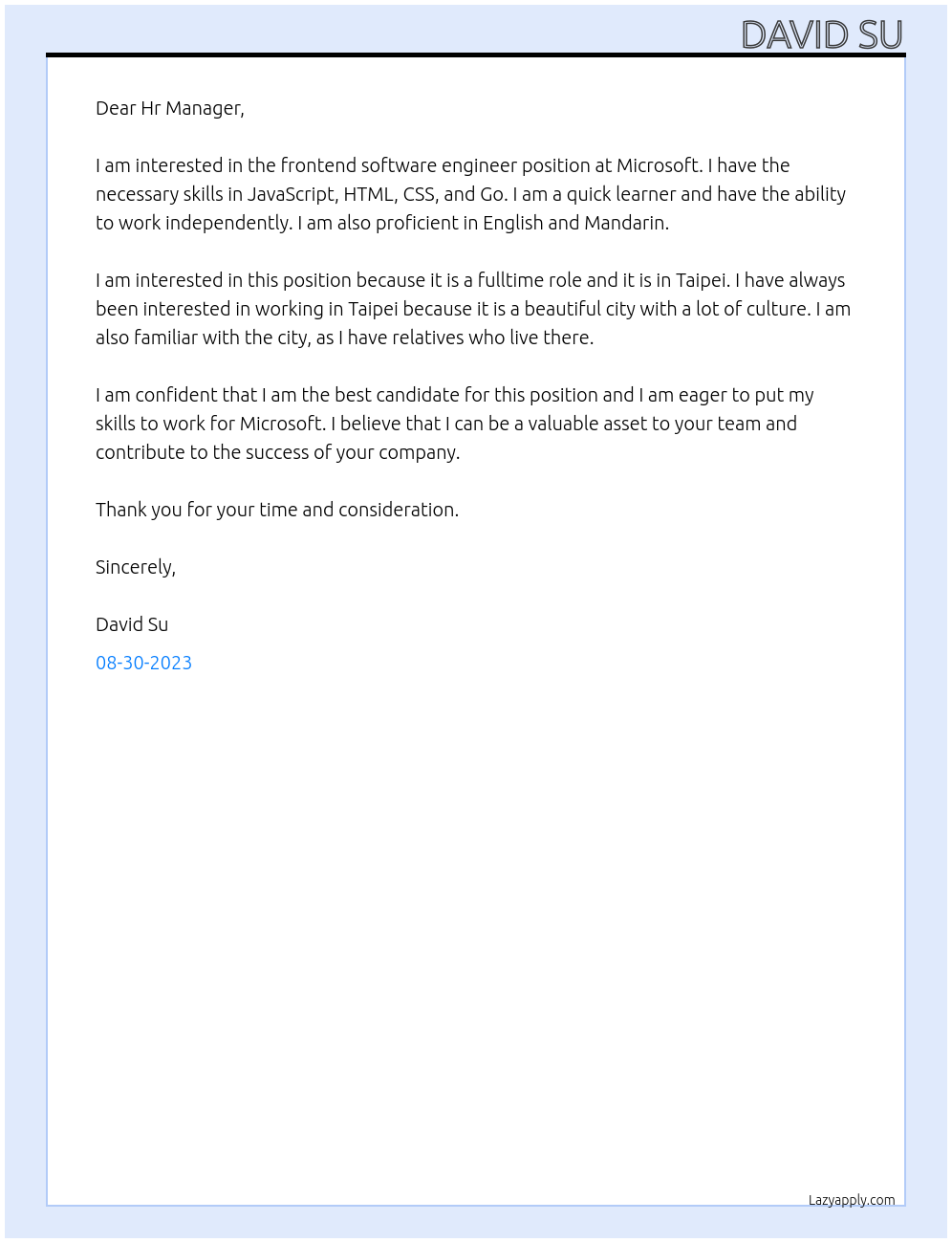 Frontend Software Engineer At Microsoft Cover Letter