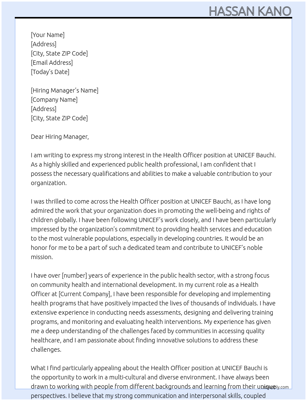 Health Officer At UNICEF bauchi Cover Letter