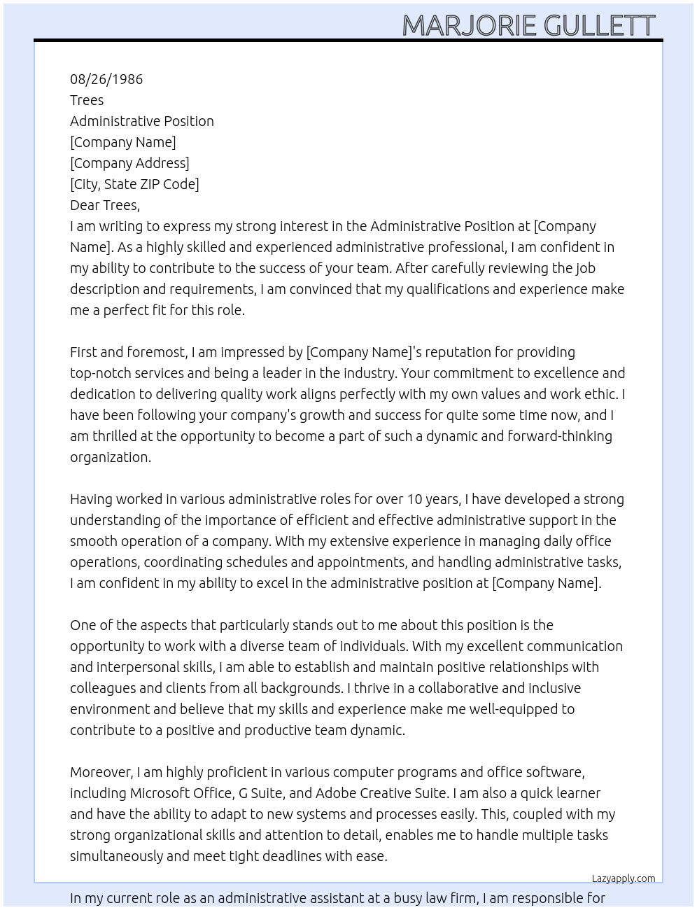 administrative At 08/26/1986 Cover Letter