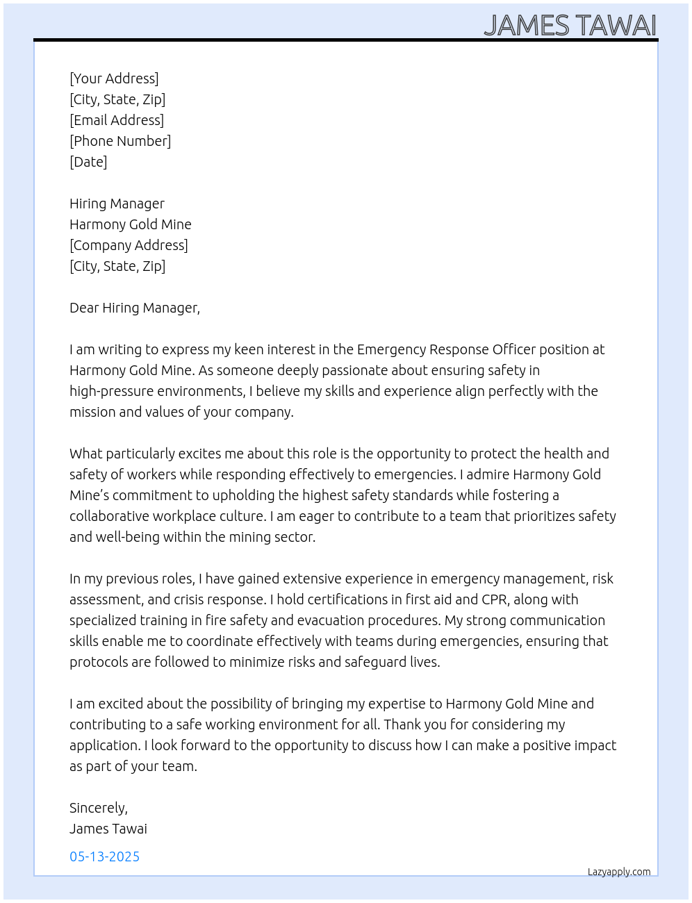 emergency response officer At Asset Protection Officer with Harmony Gold Mine Cover Letter