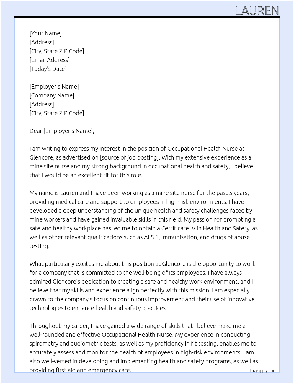 Occupational Health Nurse At Glencore  Cover Letter