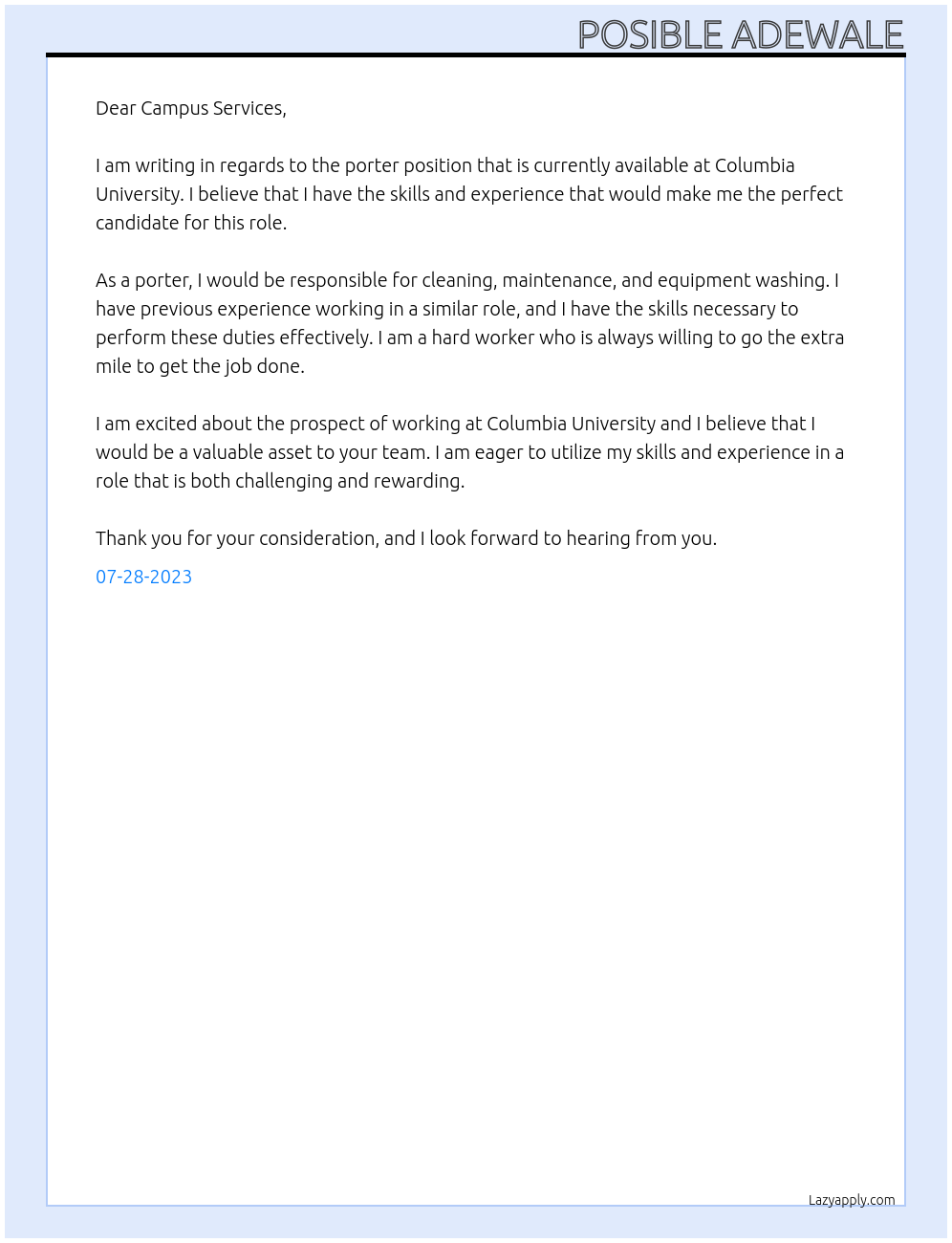 Porter At Columbia University Cover Letter