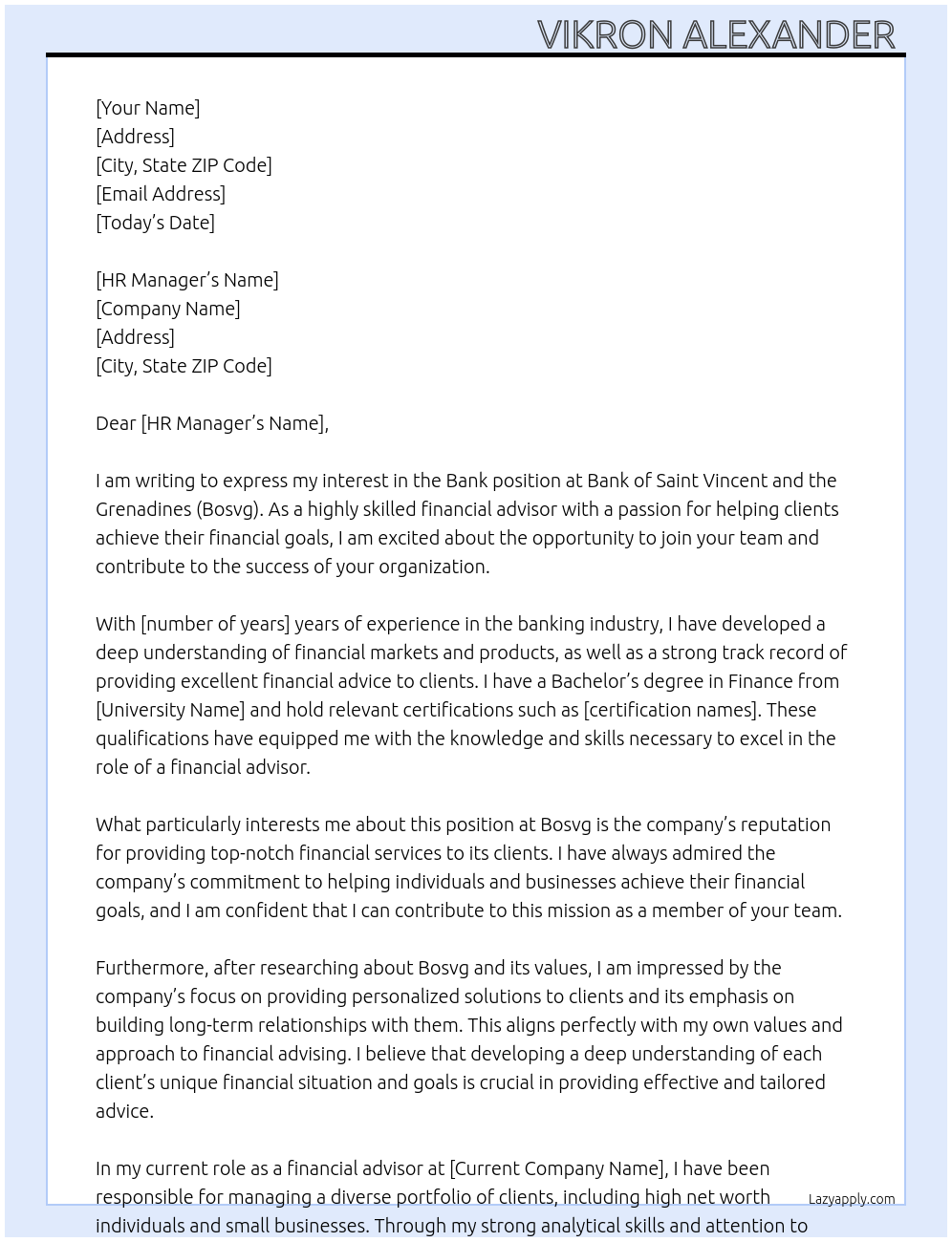 Bank At Bank of Saint Vincent and the Grenadines (Bosvg) Cover Letter