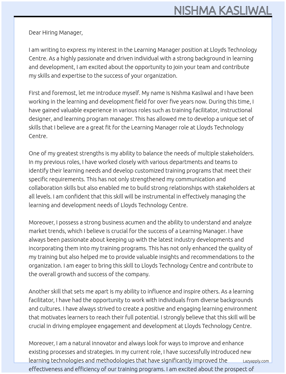 Learning Manager At Lloyds Technology Centre Cover Letter
