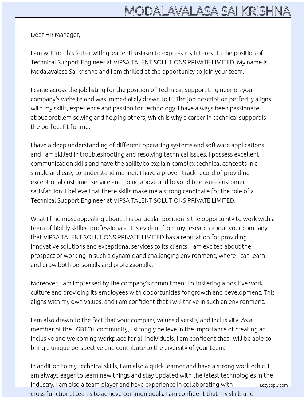 Technical support engineer At VIPSA TALENT SOLUTIONS PRIVATE LIMITED Cover Letter