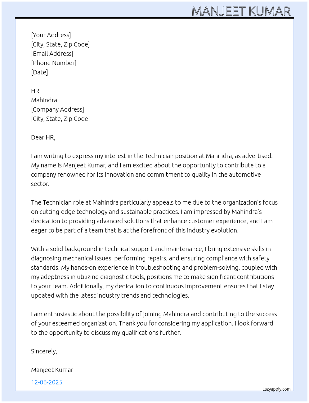 Cover letter for technician - LazyApply