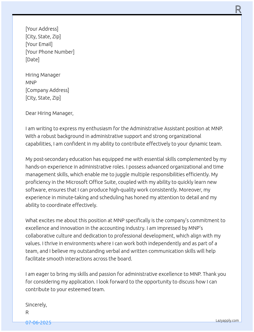 Administrative Assistant At MNP Cover Letter