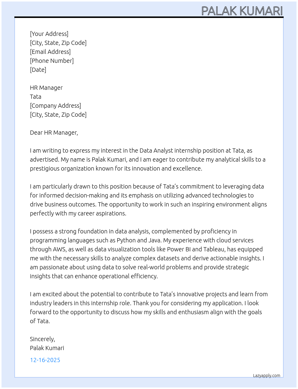 data analyst At Tata Cover Letter