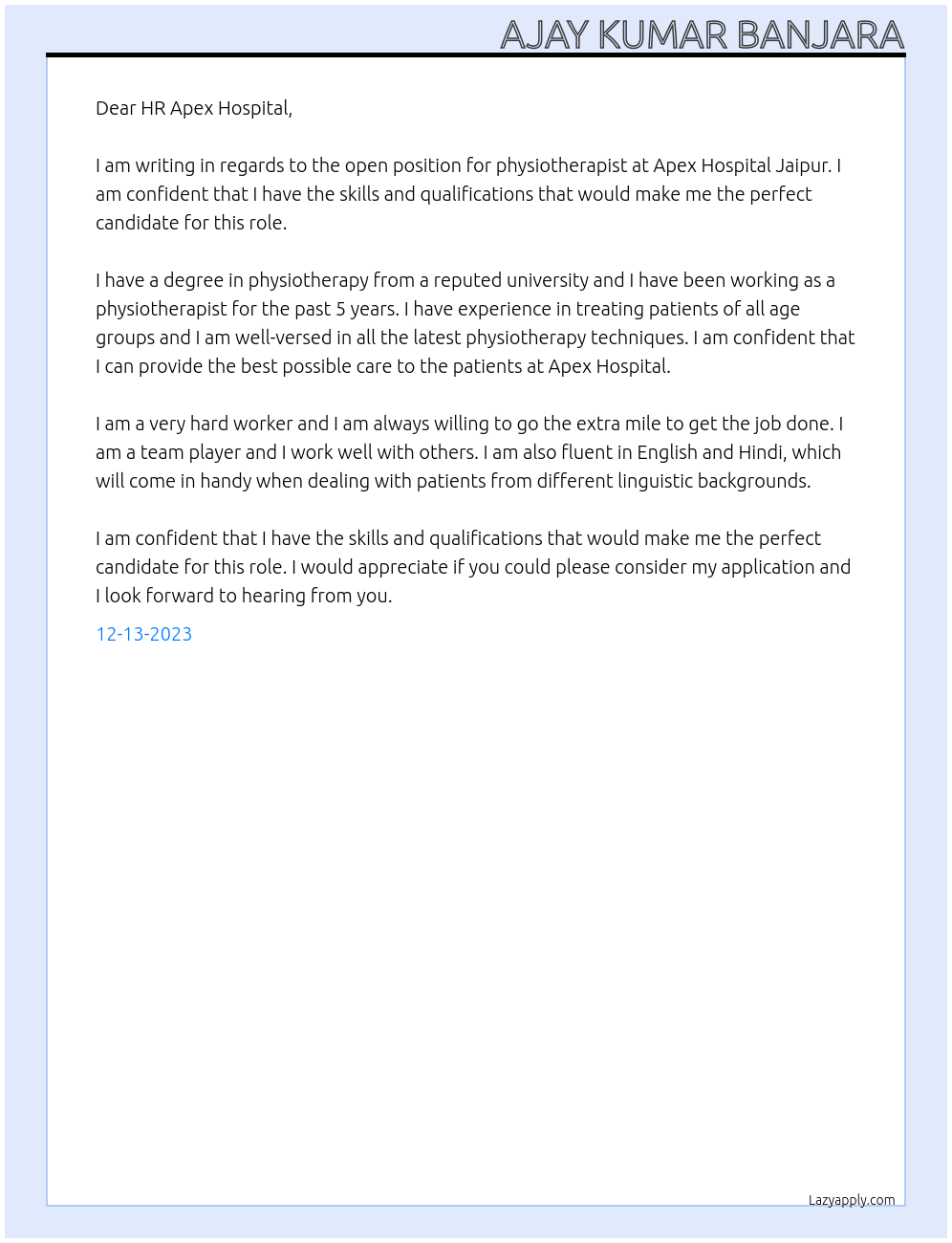 Physiotherapist  At Apex Hospital Jaipur  Cover Letter