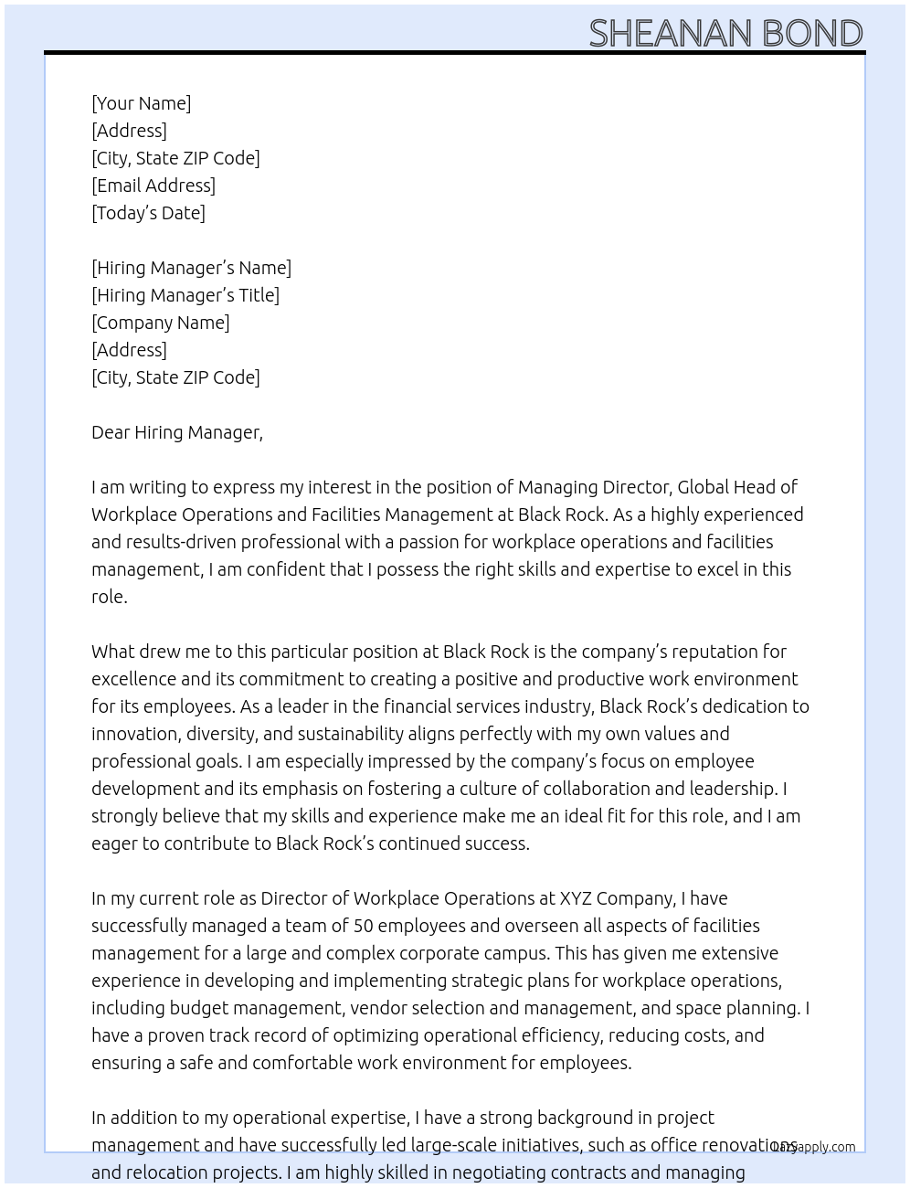 Managing Director, Global Head of Workplace Operations and Facilities Management At Black Rock Cover Letter