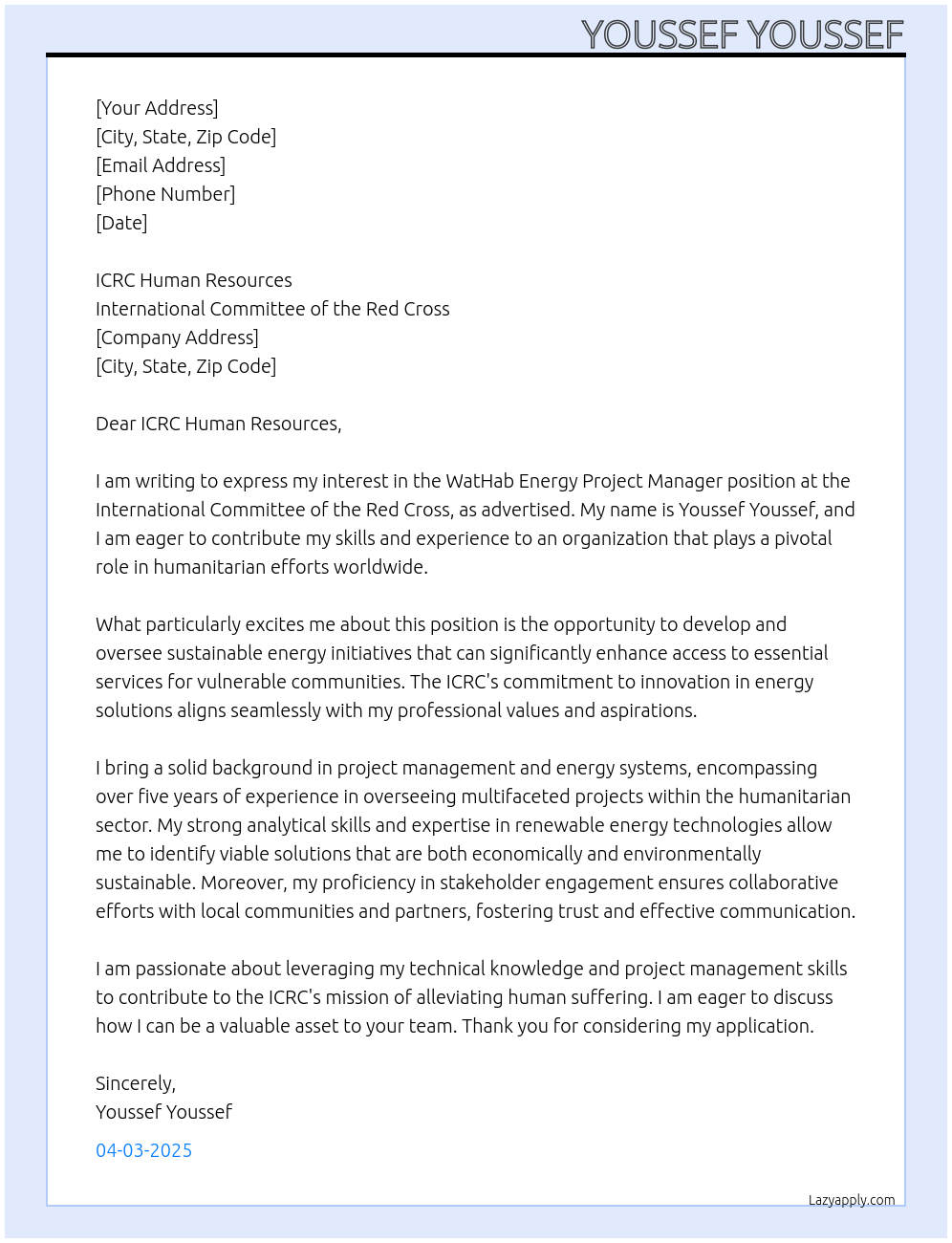 WatHab Energy Project Manager At International Committee of the Red Cross Cover Letter