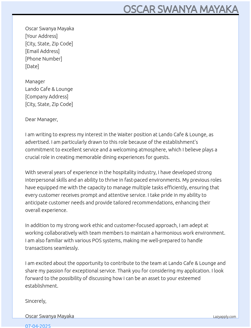 Waiter At Lando Cafe & Lounge Cover Letter