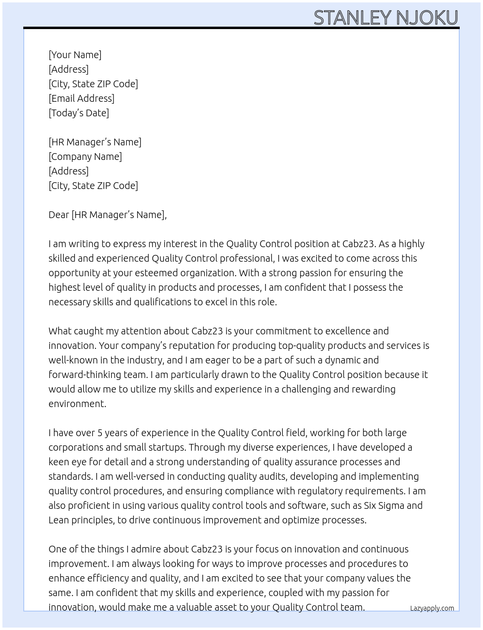 Quality control At Cabz23 Cover Letter