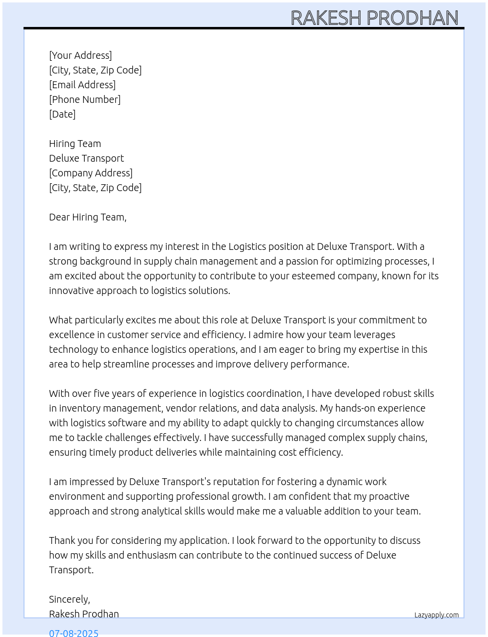 Logistics At Deluxe Transport Cover Letter