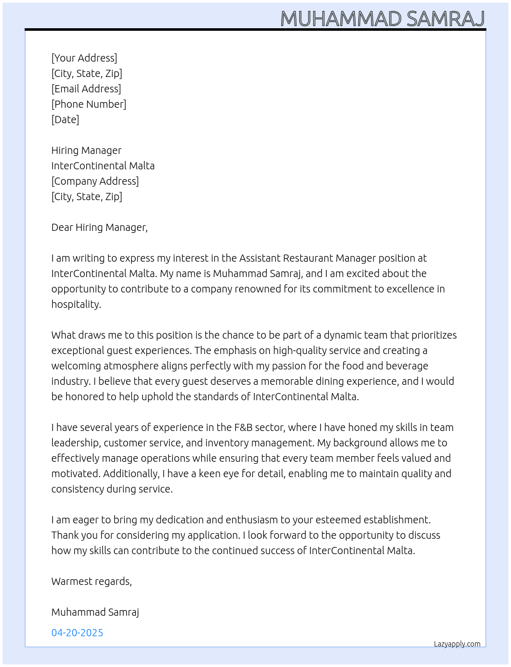 Assistant Restaurant Manager At InterContinental Malta Cover Letter