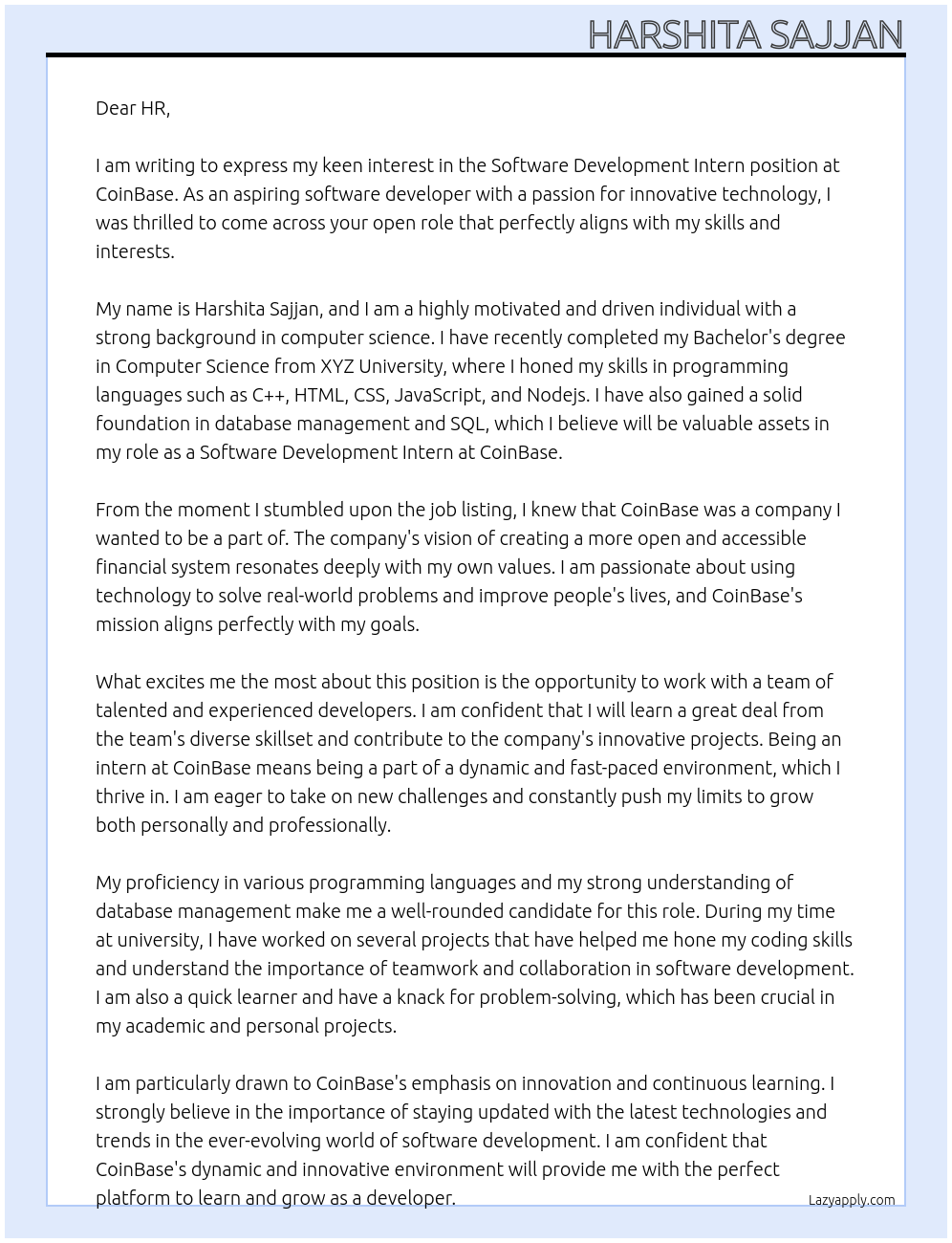 Software Development Intern At CoinBase Cover Letter