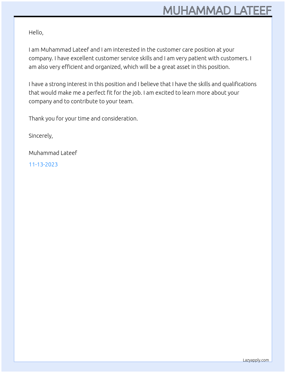 customer care At Muhammad Lateef Cover Letter